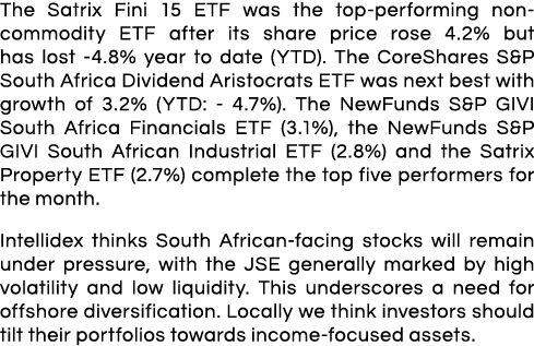 The Satrix Fini 15 ETF was the top-performing non-commodity ETF after its share price rose 4 2% but has lost -4 8% ye   