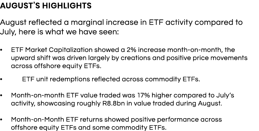 August s Highlights August reflected a marginal increase in ETF activity compared to July, here is what we have seen:   
