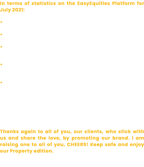 In terms of statistics on the EasyEquities Platform for July 2021:   There were over 40K ETF INVSTRs in July 2021       